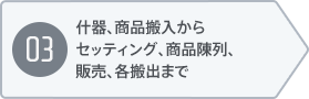 什器、商品搬入からセッティング、商品陳列、販売、各搬出まで